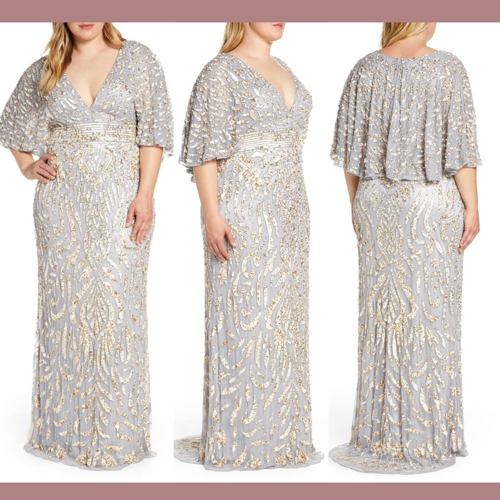 NWT Mac Duggal [PLUS 22W ] Embellished Plunge Neck Cape Gown Platinum Gold S1032